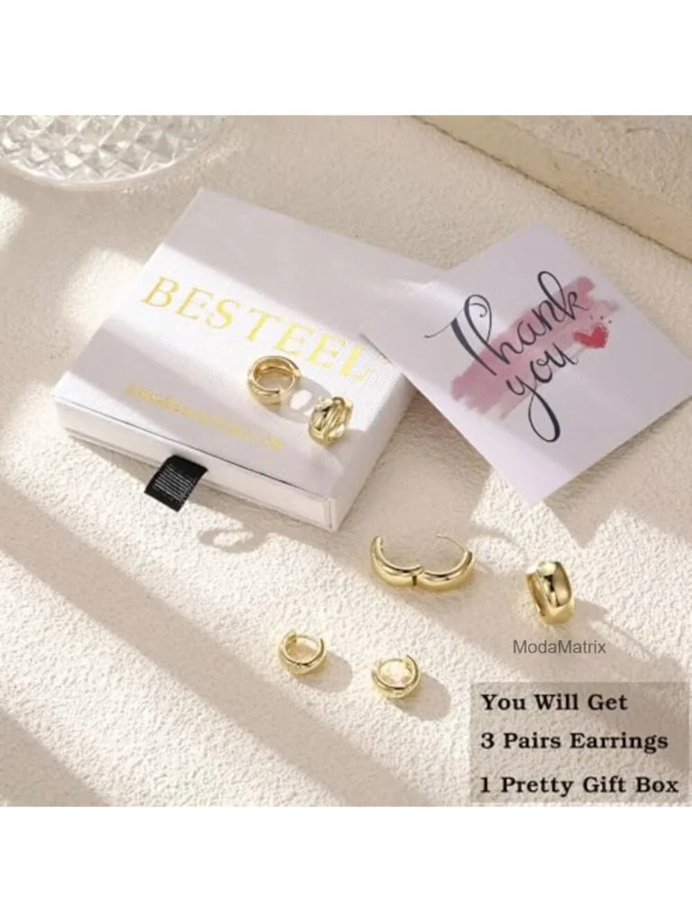 3 Pair 14K Gold Plated Chunky Hoop Earrings Set Hypoallergenic Sensitive Ears